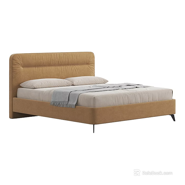 Modern Brown Upholstered Double Bed With Pillows And Throw Blanket 3d model