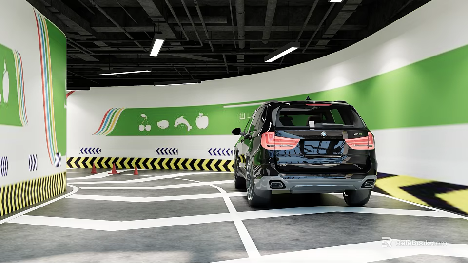 Parking Garage Featuring Green White Walls Colorful Patterns Black SUV Parking Lines And Warning Stripes 3d model 