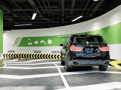 Parking Garage Featuring Green White Walls Colorful Patterns Black SUV Parking Lines And Warning Stripes 3d model