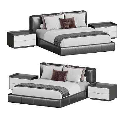 Modern Double Bed With Leather Headboard White Mattress Gray Pillows And Bedside Tables 3d model