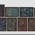 Eight Abstract Artworks With Dark Wooden Frames Arranged In Two Rows Four Columns Home Furniture