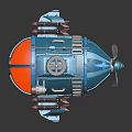 Blue Sci Fi Spaceship Model With Mechanical Propeller And Cosmic Elements