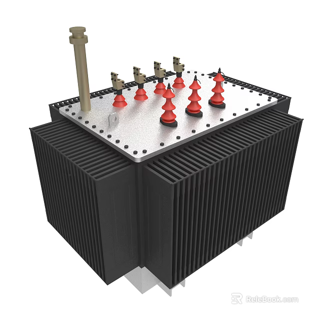 Power Transformer Equipment With Black Radiator Red Insulation Bushings And Metal Top Panel 3d model 