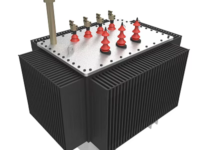 Power Transformer Equipment With Black Radiator Red Insulation Bushings And Metal Top Panel 3d model