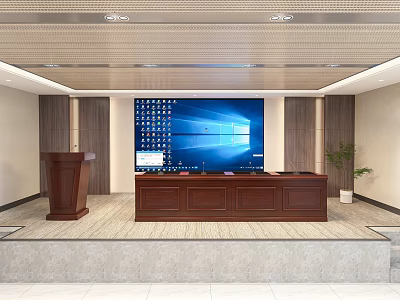 Modern Conference Room Interior With Large Screen Podium Wooden Furniture And Potted Plant 3d model