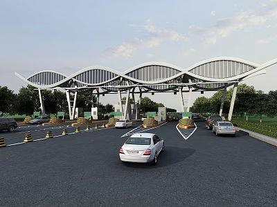 Modern Wave Shaped Toll Booth With Vehicles Passing Through Lanes And Green Surroundings 3d model