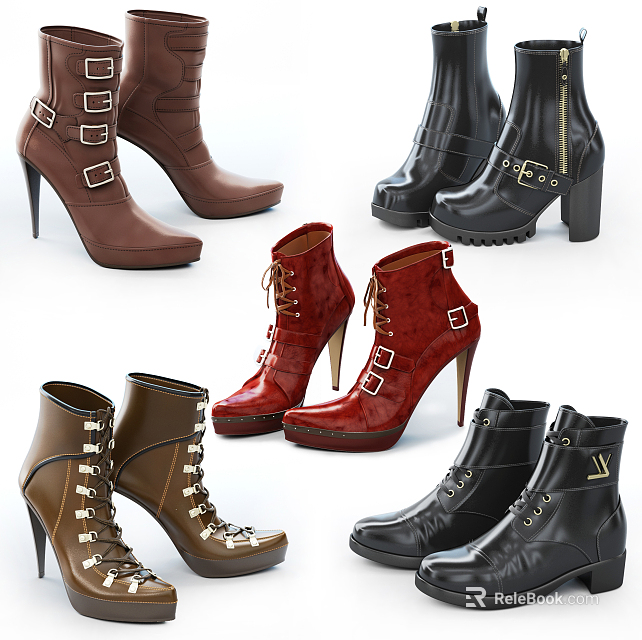 Stylish Women's High Heel Boots in Brown Black Red with Lace Up Buckle Details 3d model 