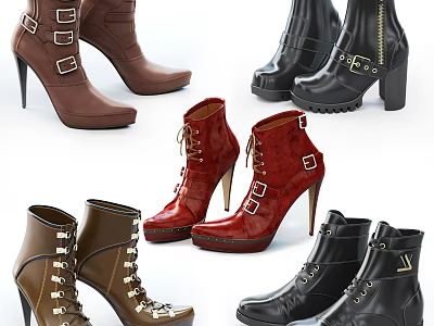 Stylish Women's High Heel Boots in Brown Black Red with Lace Up Buckle Details 3d model