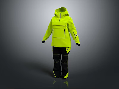 Neon Yellow Outdoor Hooded Jacket With Black Pants And Pockets 3d model