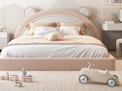 Pastel Pink Kids Bed With Bear Ears Headboard Soft Pillows Blanket Toys And Cozy Rug 3d model
