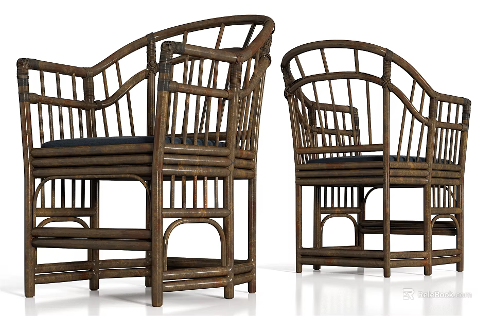 Traditional Bamboo Leisure Chairs with Curved Armrests Slatted Structure and Dark Cushions 3d model 