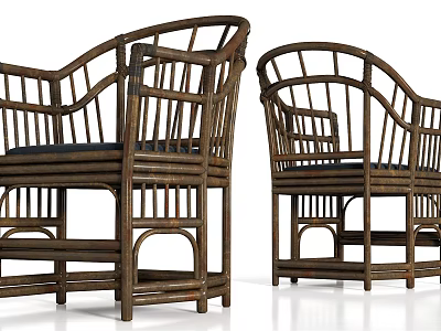 Traditional Bamboo Leisure Chairs with Curved Armrests Slatted Structure and Dark Cushions 3d model