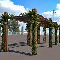 Wooden Outdoor Pergola With Climbing Vines And Support Columns In Garden