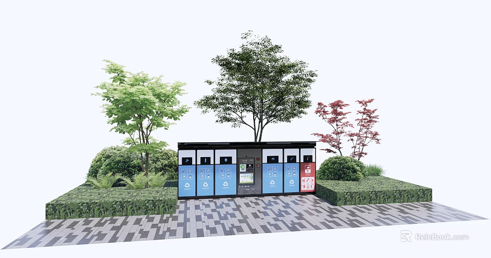 Public Facility Modern Waste Sorting Station With Multiple Bins Green Trees And Paved Pathway 3d model