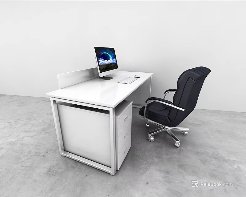 Modern White Office Desk With Computer Monitor And Black Office Chair 3d model 