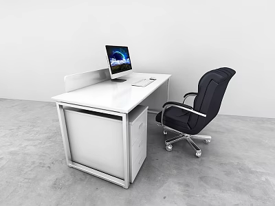Modern White Office Desk With Computer Monitor And Black Office Chair 3d model