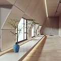 Modern Elevator Hallway Interior With Wooden Ceiling Linear Lighting And Blue Vase