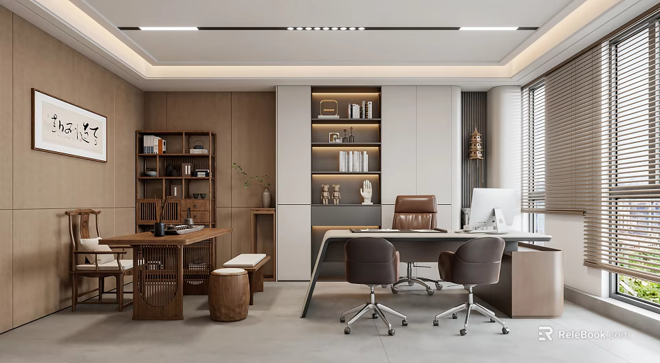Modern Office Interior Featuring Wooden Bookshelves Leather Chairs Computer Desk And Window Blinds 3d model 