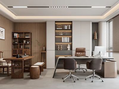 Modern Office Interior Featuring Wooden Bookshelves Leather Chairs Computer Desk And Window Blinds 3d model