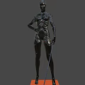 Futuristic Humanoid Robot Character With Metallic Body Blue Eyes And Red Accents On Black Background