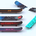 Colorful Skateboards With Various Designs And Text Graphics On White Background