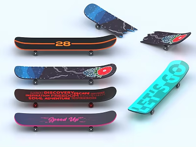 Colorful Skateboards With Various Designs And Text Graphics On White Background 3d model