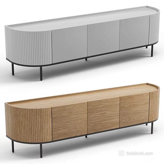 Contemporary TV Stand With Wooden Gray Finish Vertical Slats And Black Slim Legs 3d model 