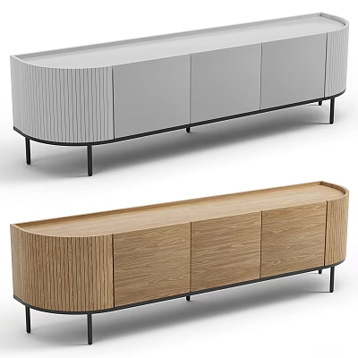 Contemporary TV Stand With Wooden Gray Finish Vertical Slats And Black Slim Legs 3d model