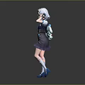 Cute Anime Girl Character With Little Creature In Blue Black Outfit And Gray Skirt