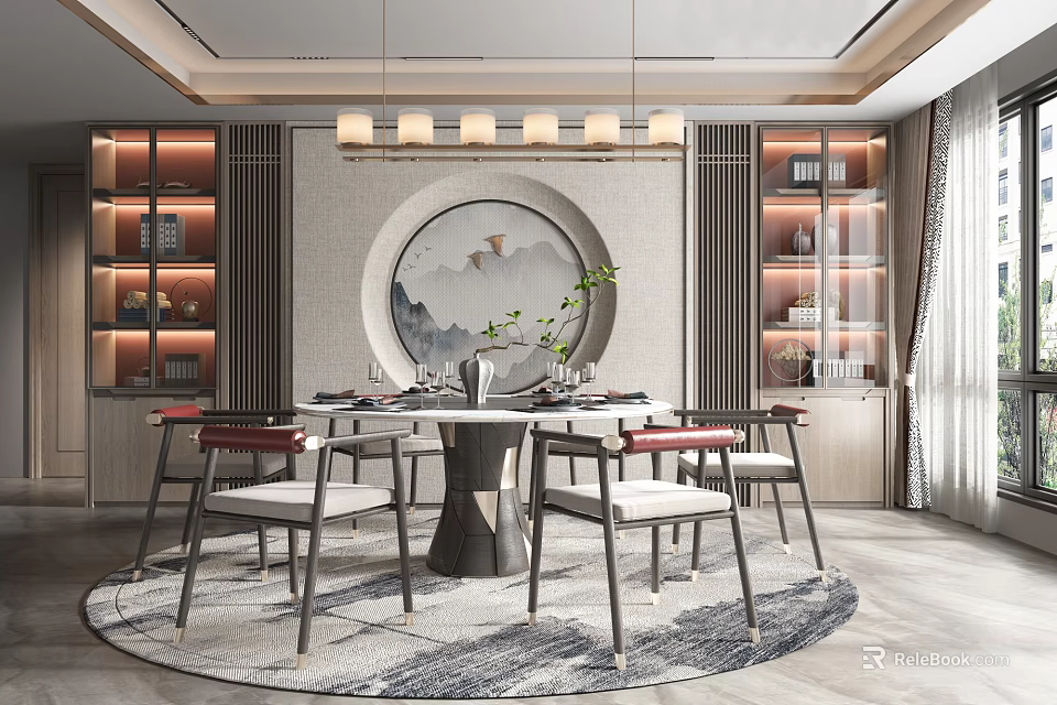 Elegant Restaurant Interior With Round Dining Table Circular Landscape Painting Pendant Lights And Chairs 3d model 