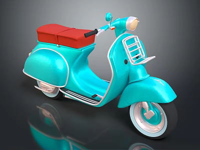 Light Blue Classic Scooter With Red Seat Front Rack And White Rims 3d model