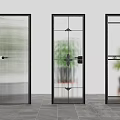 Modern Interior Glass Doors With Various Patterns Black Frames And Green Plants 3d model