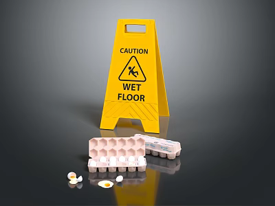 Chicken Eggs Spilled On Wet Floor With Caution Sign And Broken Shells 3d model