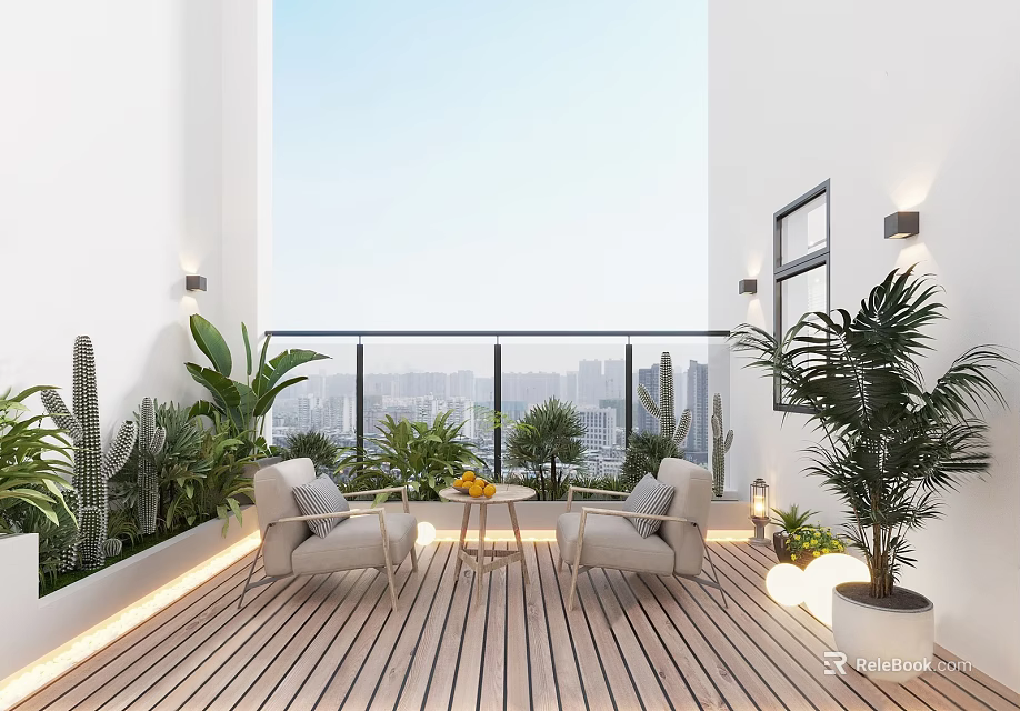 Modern Balcony Outdoor Relaxing Space With Wooden Deck City View Green Plants And Cozy Chairs 3d model 