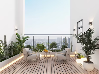 Modern Balcony Outdoor Relaxing Space With Wooden Deck City View Green Plants And Cozy Chairs 3d model