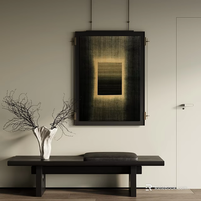 Modern Minimalist Console Table With Framed Artwork And White Vase On Sleek Surface 3d model