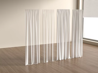 White Curtains Four Panels In Wooden Floor Room With Window And Blinds 3d model
