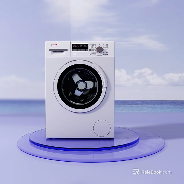 White Modern Washing Machine With Digital Display And Control Knob On Blue Platform 3d model 