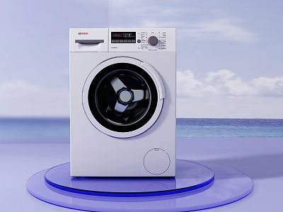 White Modern Washing Machine With Digital Display And Control Knob On Blue Platform 3d model