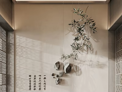 Chinese Zen Style Wall Hanging With Olive Branches And Stones For Interior Decor 3d model