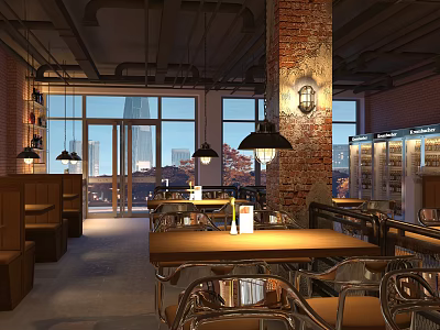 Industrial Style Restaurant Interior With Exposed Brick Wall Large Windows And Hanging Lights 3d model