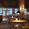 Industrial Style Restaurant Interior With Exposed Brick Wall Large Windows And Hanging Lights