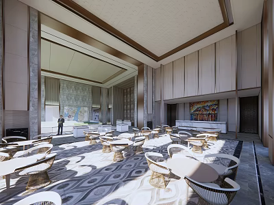 Modern Luxury Sales Office Spacious Lobby With Marble Tables Chandeliers Artwork And Natural Light 3d model