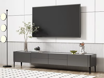 Modern TV Stand With Wall Mounted TV Decorative Plants And Floor Lamp 3d model