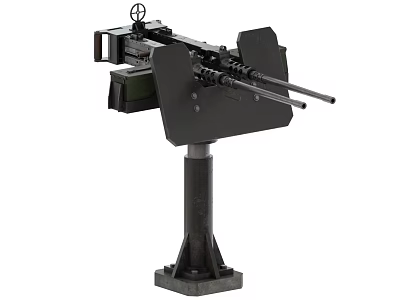Twin Barrel Machine Gun Mounted on Pedestal Stand with Rotating Barrels Military Weapon System 3d model