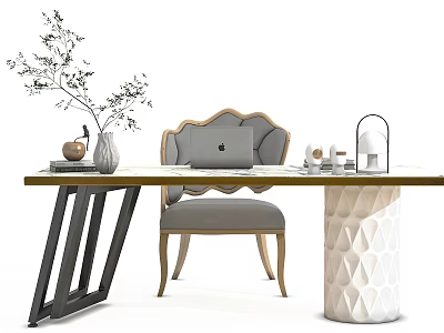 Modern Wooden Desk With Geometric Legs Gray Chair Laptop Vase Green Foliage And Table Lamp 3d model