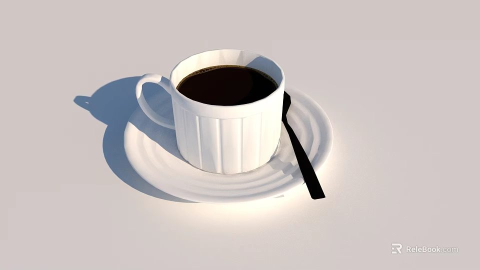 White Coffee Cup with Black Coffee on White Saucer and Black Spoon on Light Background 3d model 