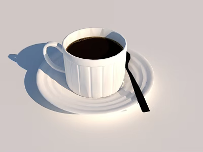 White Coffee Cup with Black Coffee on White Saucer and Black Spoon on Light Background 3d model