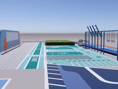 Modern Outdoor Recreational Area With Blue Green Track Railings And Signage 3d model