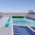 Modern Outdoor Recreational Area With Blue Green Track Railings And Signage